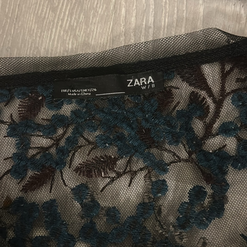 Zara Sz S Women’s Black Mesh Floral Embroidered Tulle Sheer Top - Picture 7 of 10